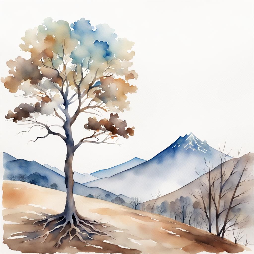 Minimalist watercolor painting of a tree on a small hill.