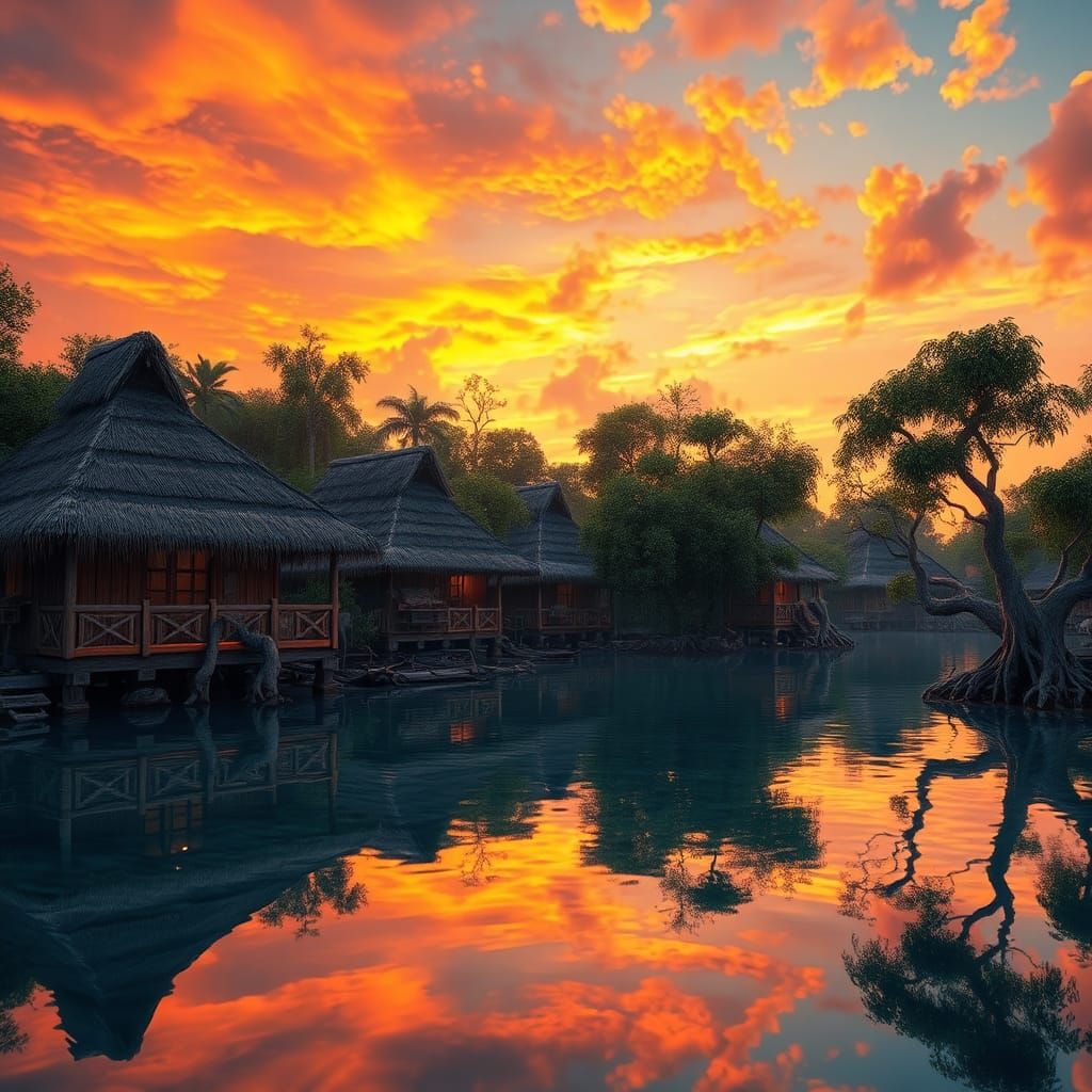 Lagoon Village Sunset: Fantasy Concept Art