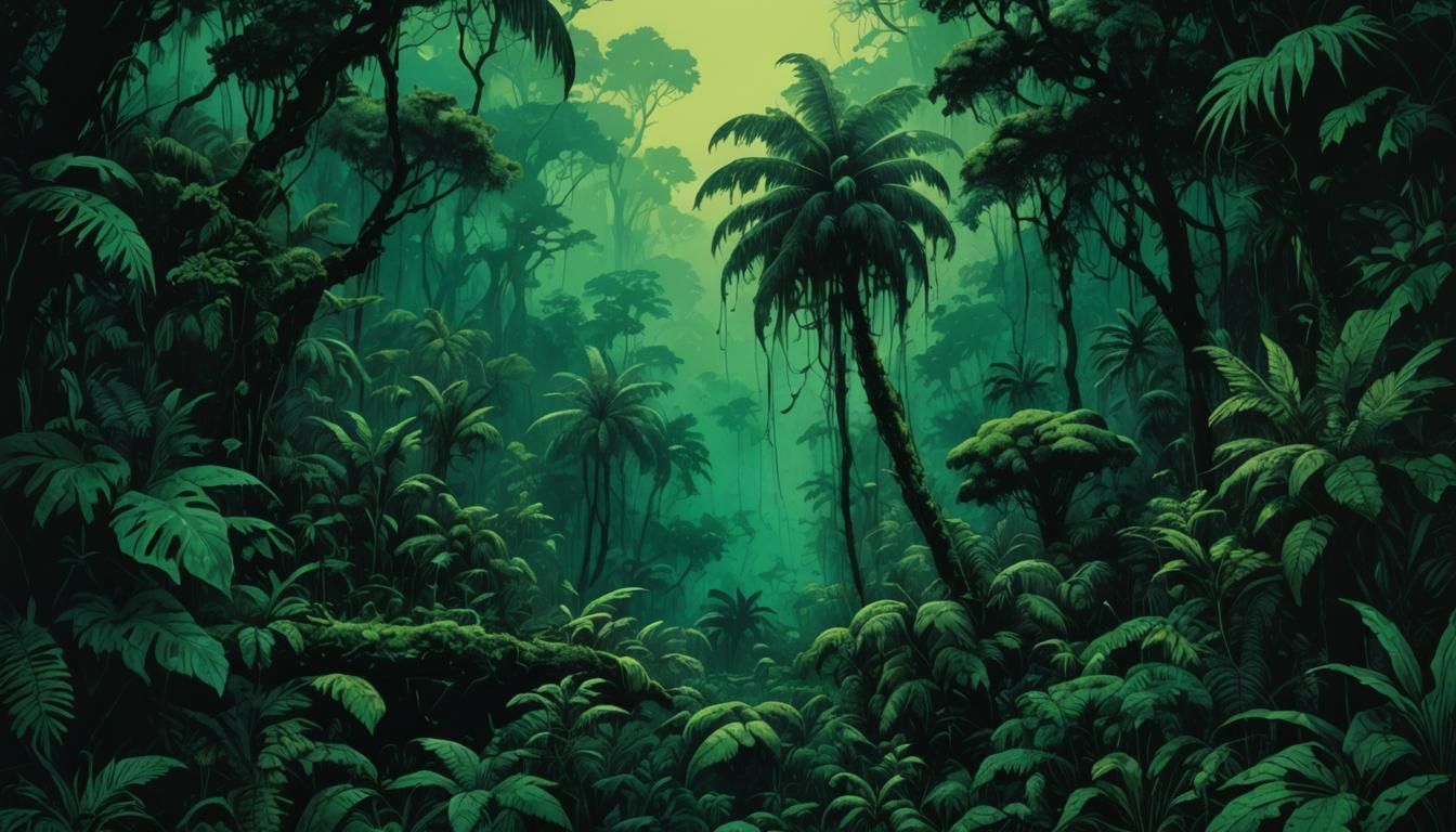 Lush Rainforest Ink Painting in Film Noir Style