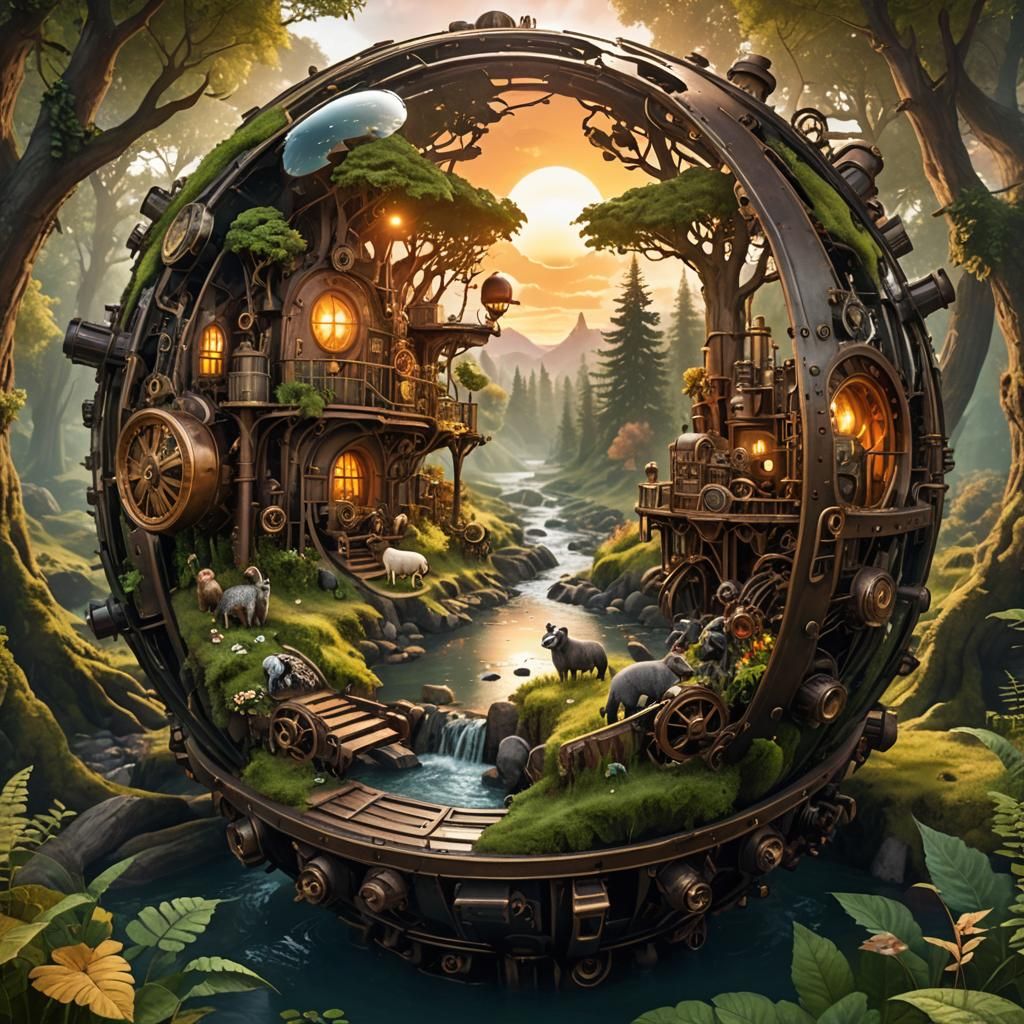 Steampunk Forest Sphere with Sunset
