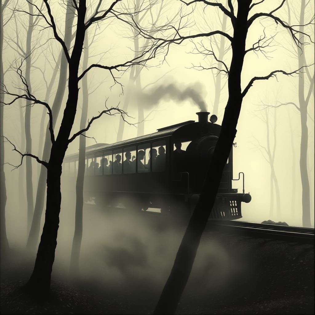 Spectral Train Through Misty Forest in Doré Style