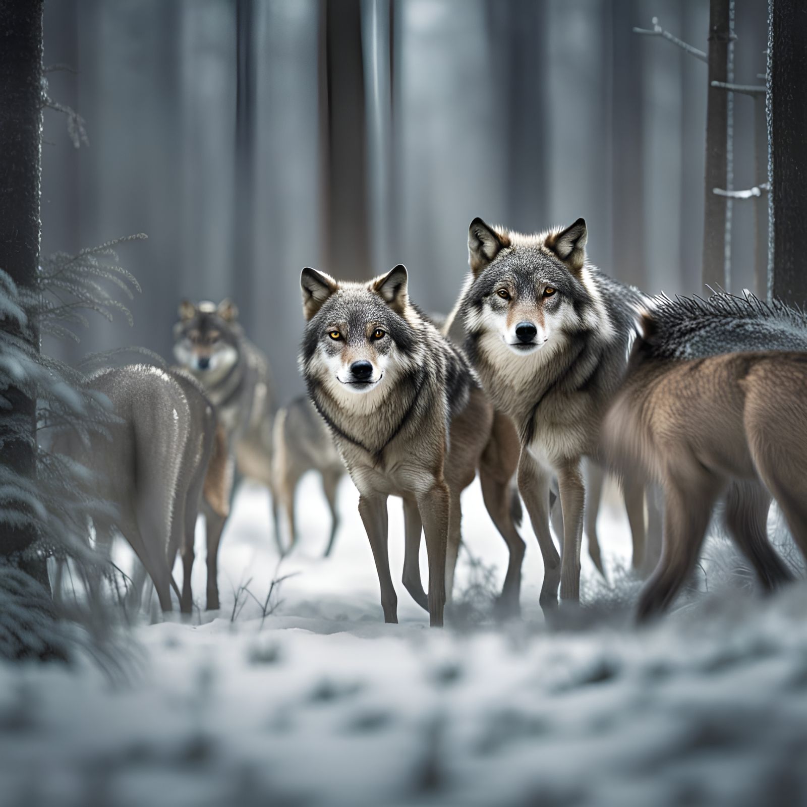 Hyperrealistic Wolf Pack Hunting Deer in HDR