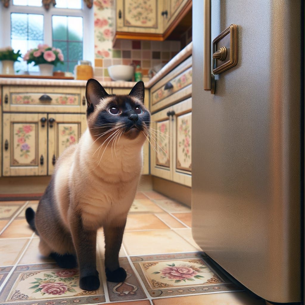 Curious Siamese Cat Ponders Closed Refrigerator in English K...