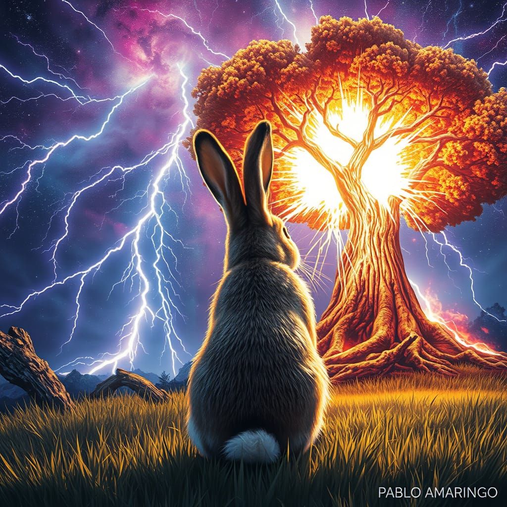 Bunny watching Lightning striking a tree that explodes