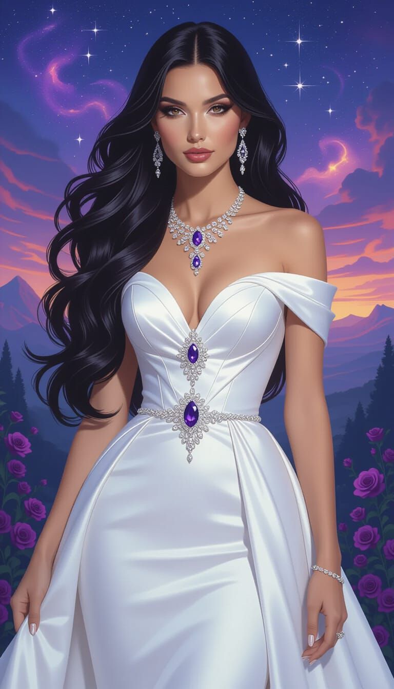 Woman in White Gown with Purple Diamond Necklace