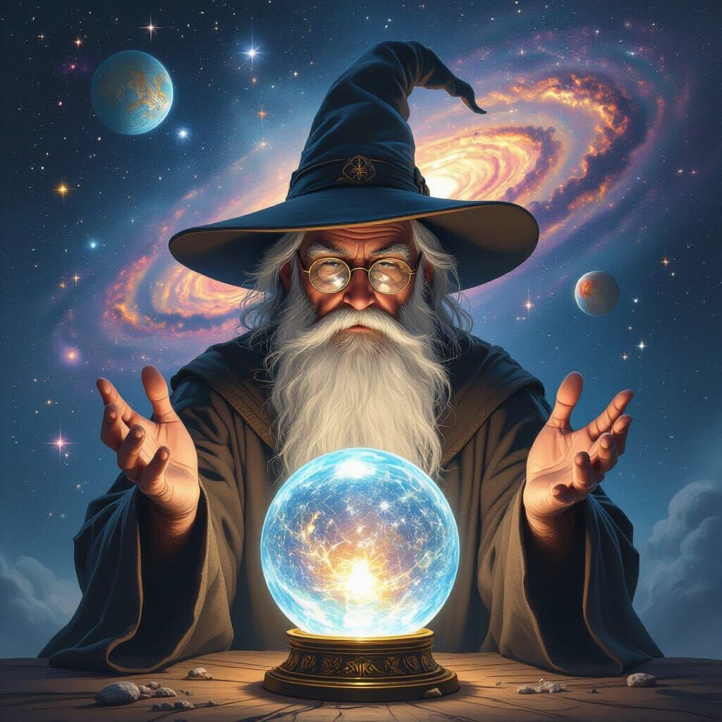 Wizard Contemplates Galaxy in Crystal Ball