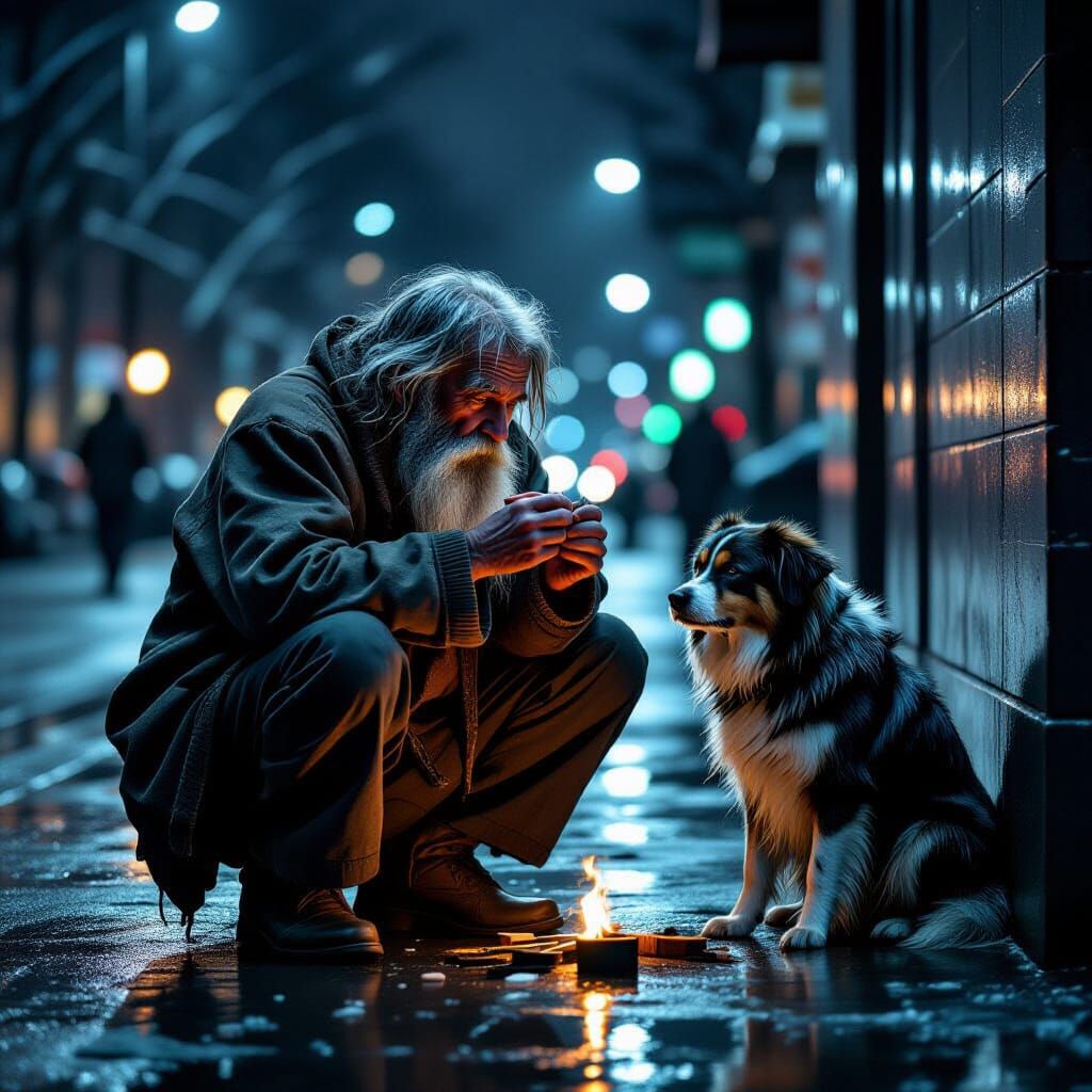Wise Old Man Lights Cigarette in Cold Homeless Shelter Scene