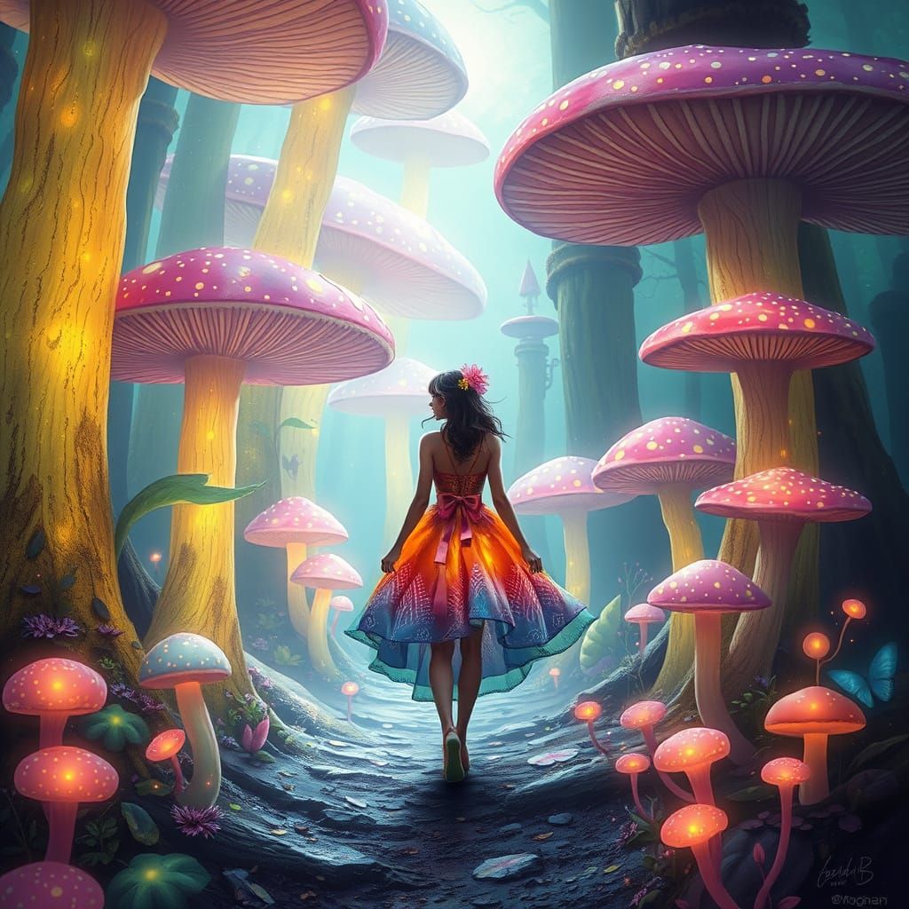 Whimsical Woman in Luminous Mushroom Forest
