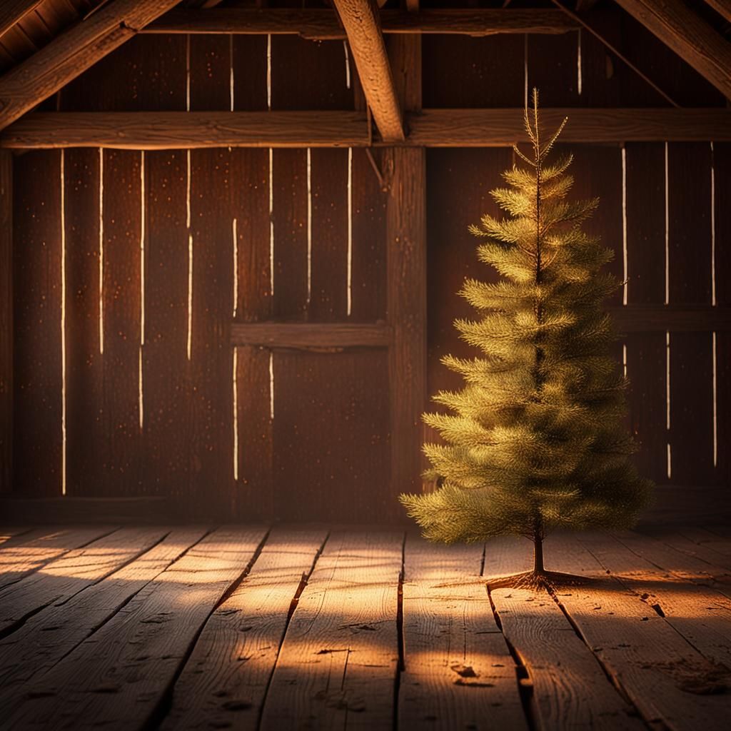 Fir Tree in Rustic Barn: Warm Tone Photography