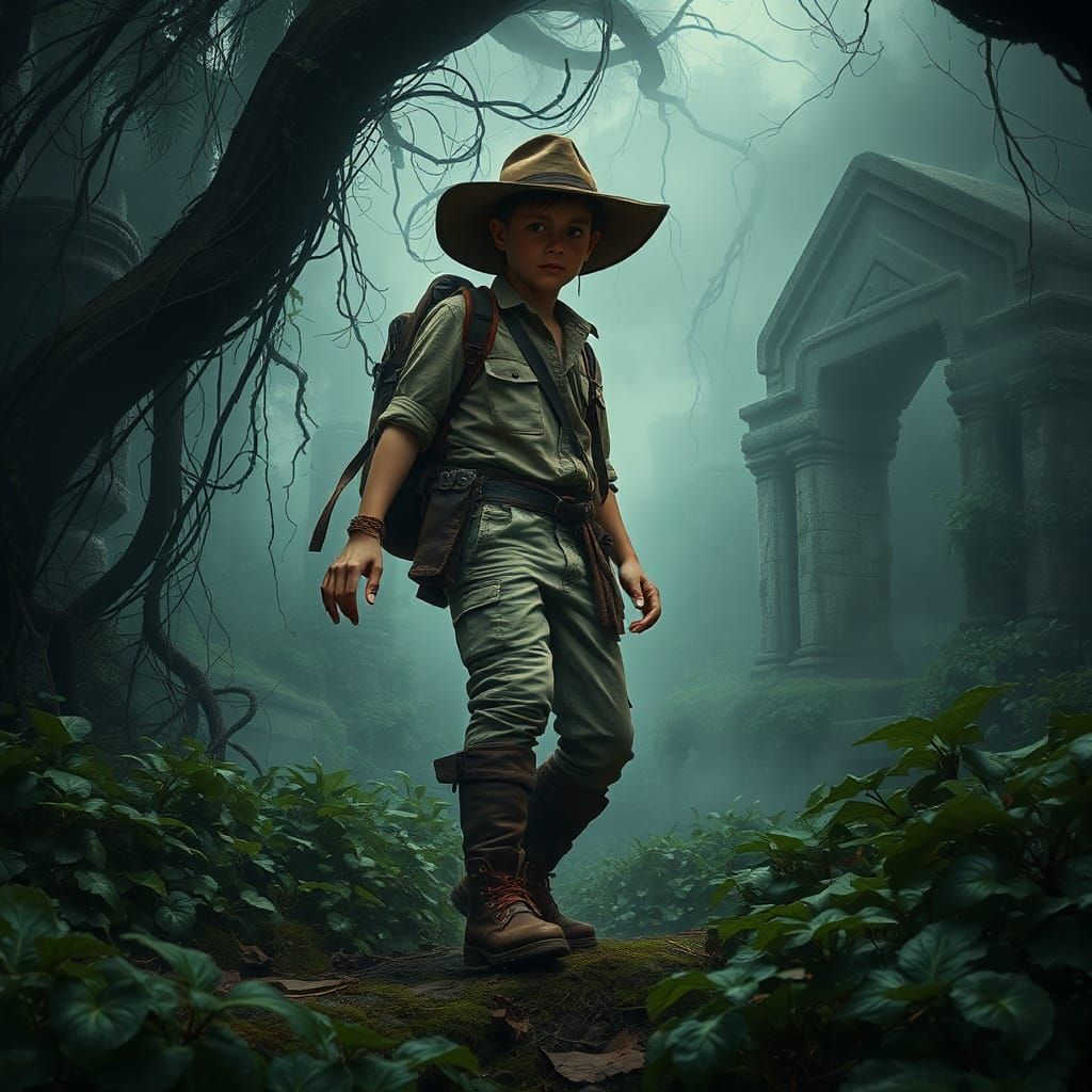 Young Adventurer Explores Misty Jungle Ruins