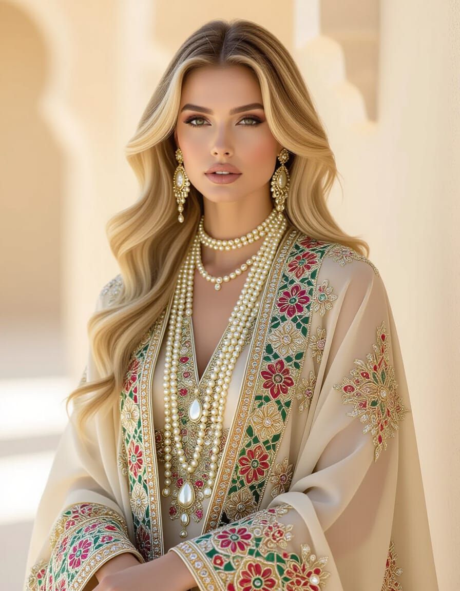Regal Woman in Luxurious Abaya, Haute Couture Style