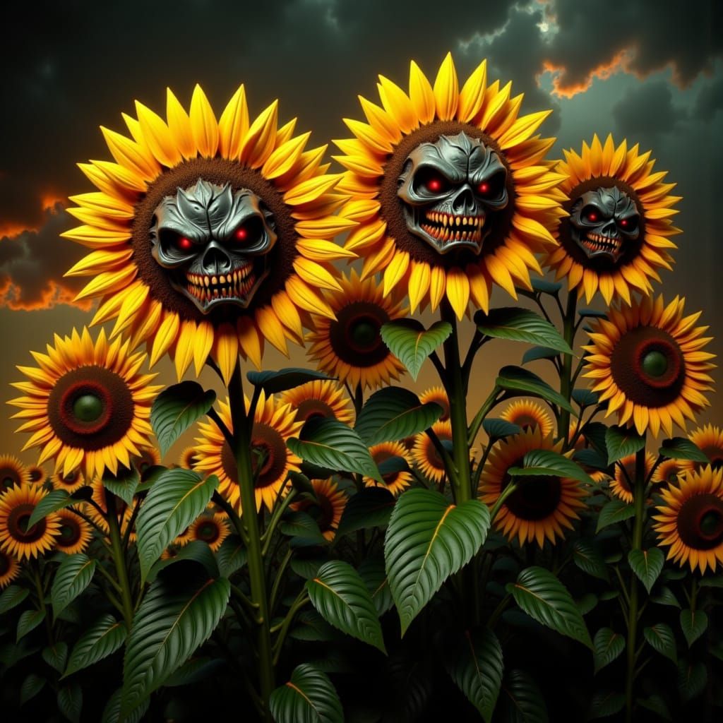 Grotesque Sunflowers in Dark, Ominous Landscape