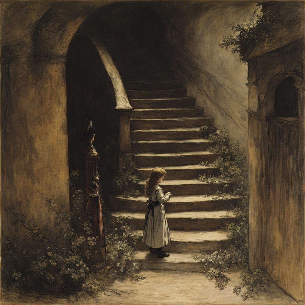 Mysterious Staircase Scene in Chiaroscuro