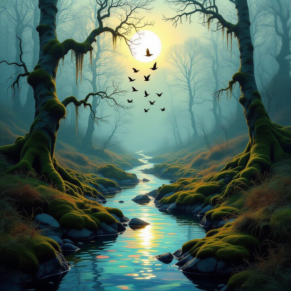 ntricately detailed, grunge textured abstract art catching the light in a mysterious autumnal heath landscape, with over...