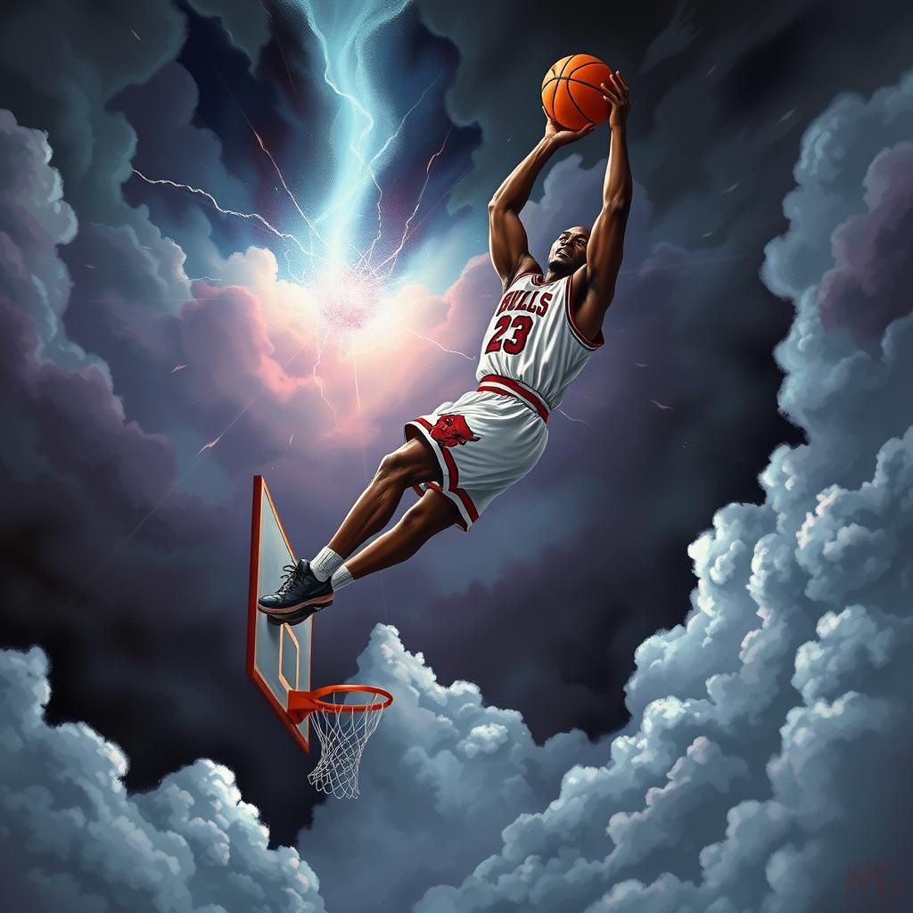 Basketball Player Dunking in Heavenly Cloudscape