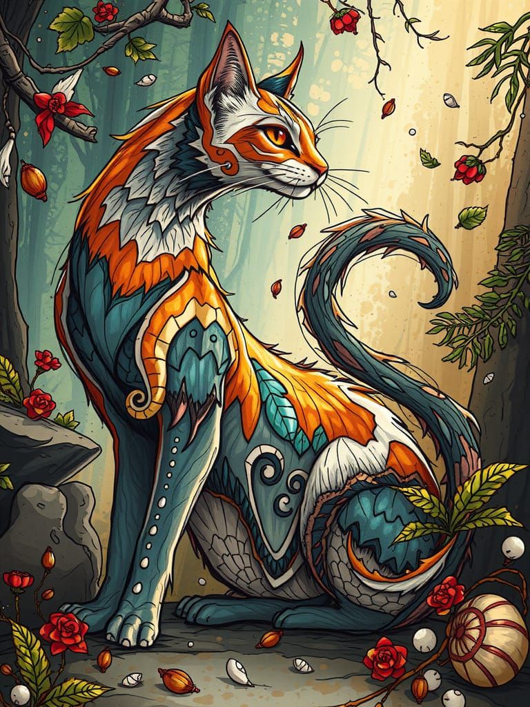 Regal Feline in Whimsical Forest Scene