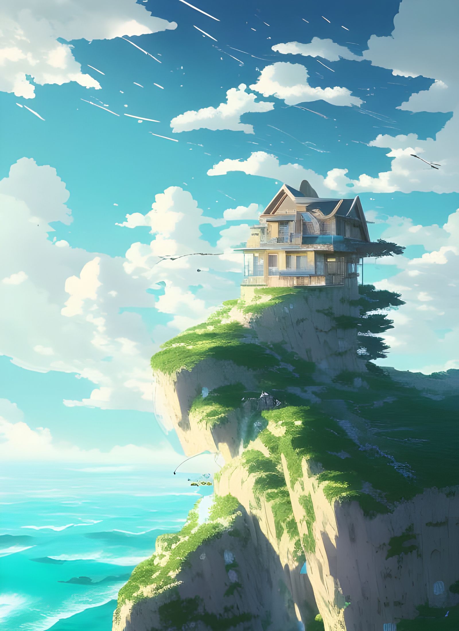 House on Cliff with Epic Clouds: Digital Illustration