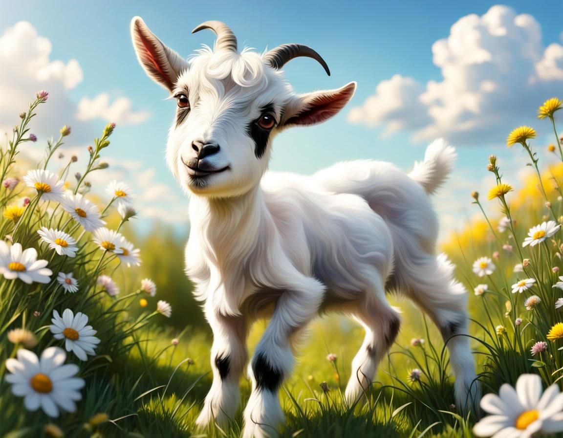 White Baby Goat Playing in Sunny Flower Meadow