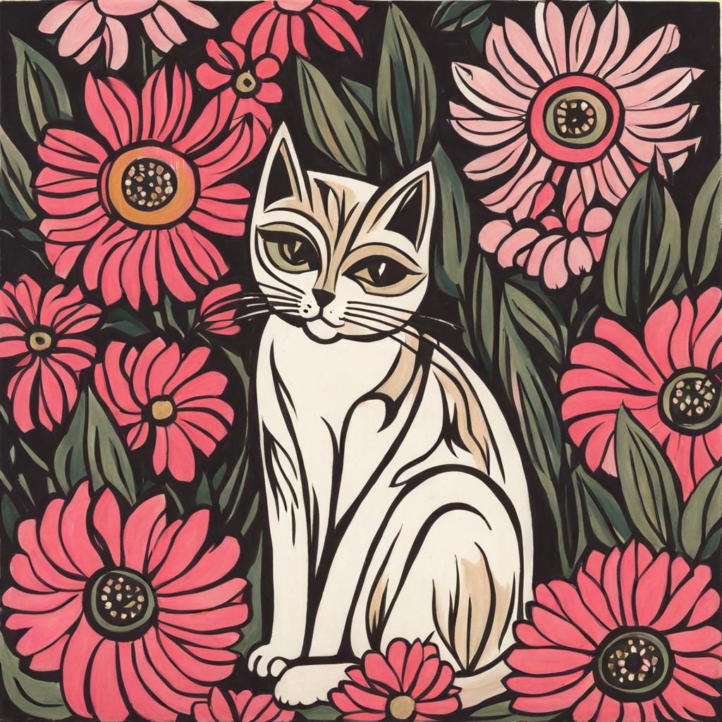 Cat Surrounded by Flowers in Abstract Expressionism Style