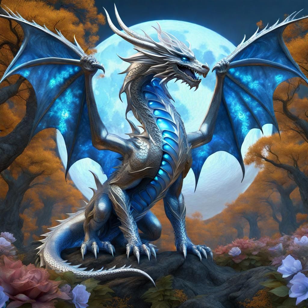 Majestic Silver Dragon with Blue Wings