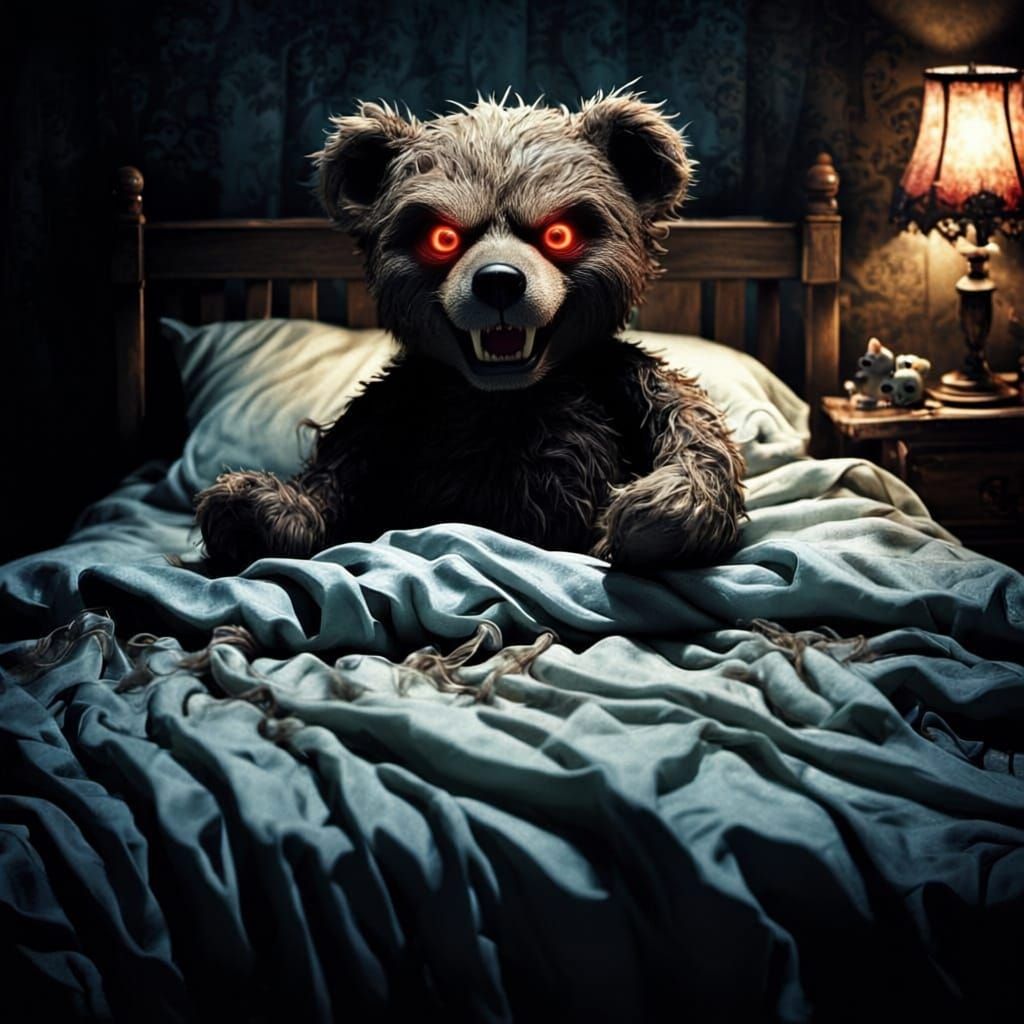 Nightmare Teddy Bear with Glowing Eyes in Eerie Style
