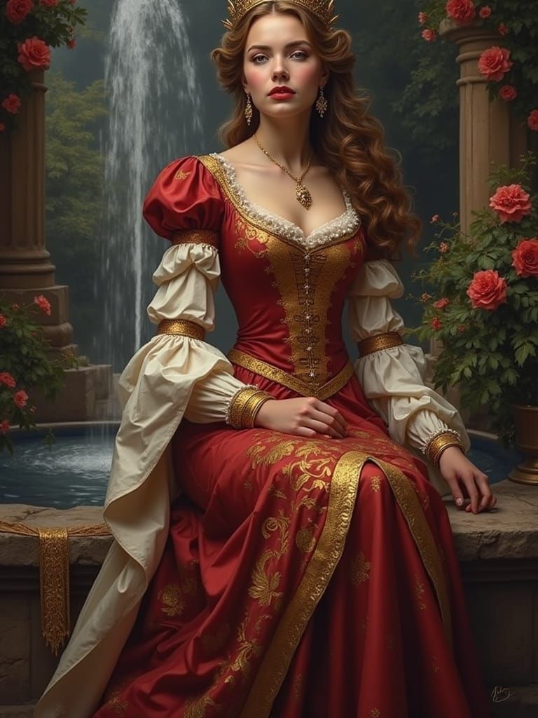 Hyperrealistic Oil Painting of Queen in Floral Garden