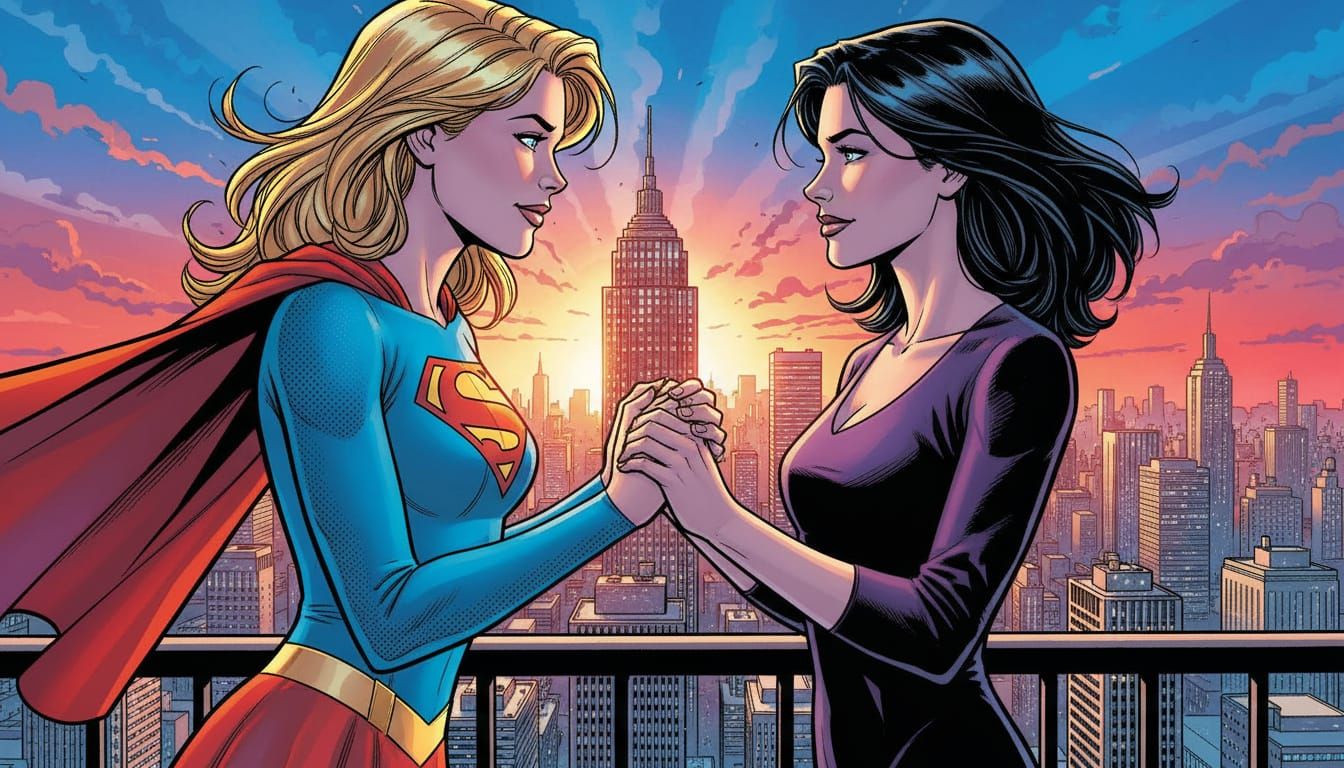 Supergirl and Lena Luthor Embrace in Comic Art Style