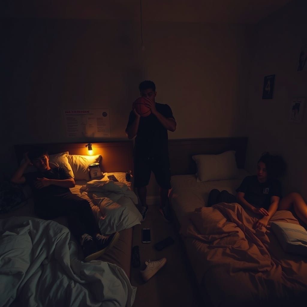 Cinematic Bedroom Scene with Young Adults and Basketball