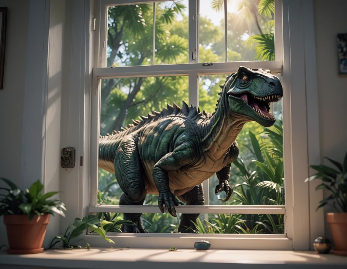Dinosaur at Bedroom Window in a Studio Ghibli-Inspired Art P...