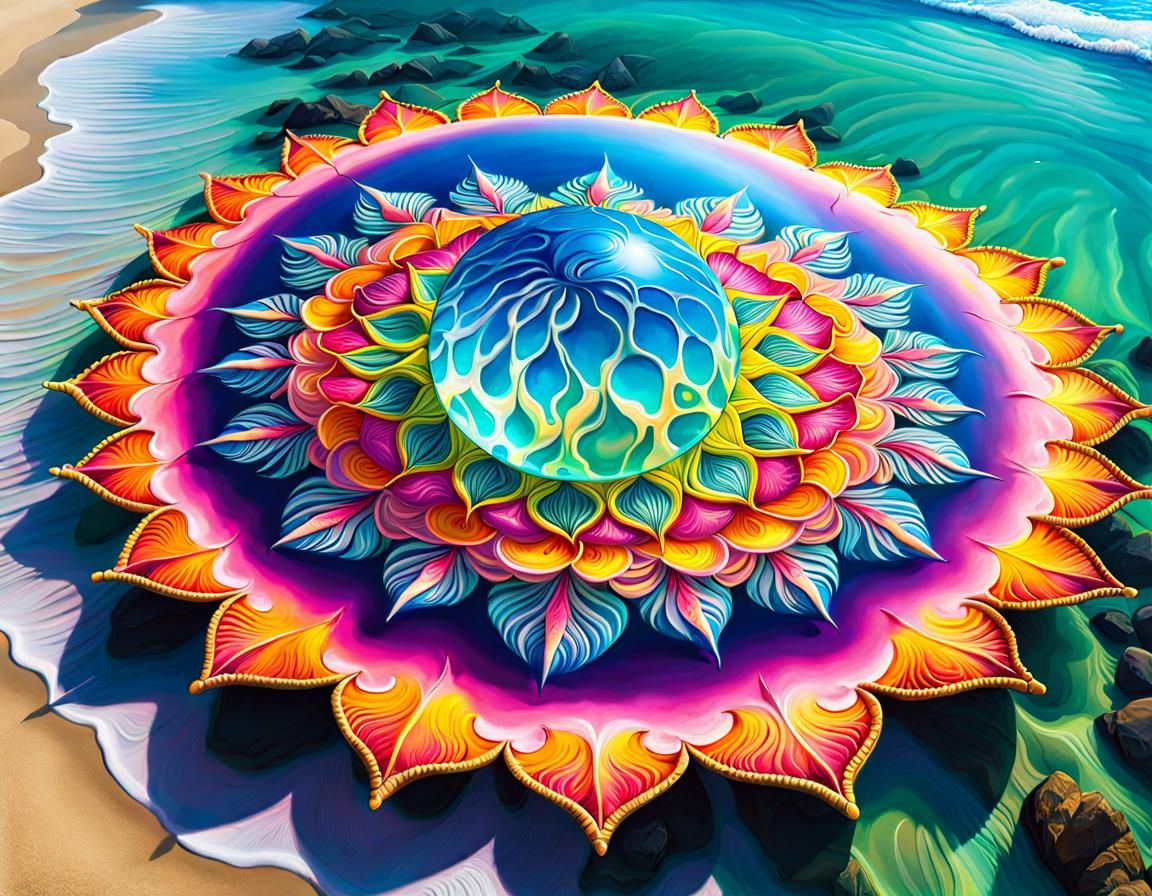 Neon Crystal Sphere Mandala on Tropical Beach