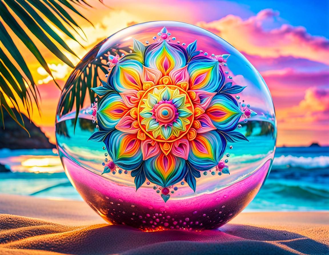 Neon Crystal Sphere Mandala on Tropical Beach