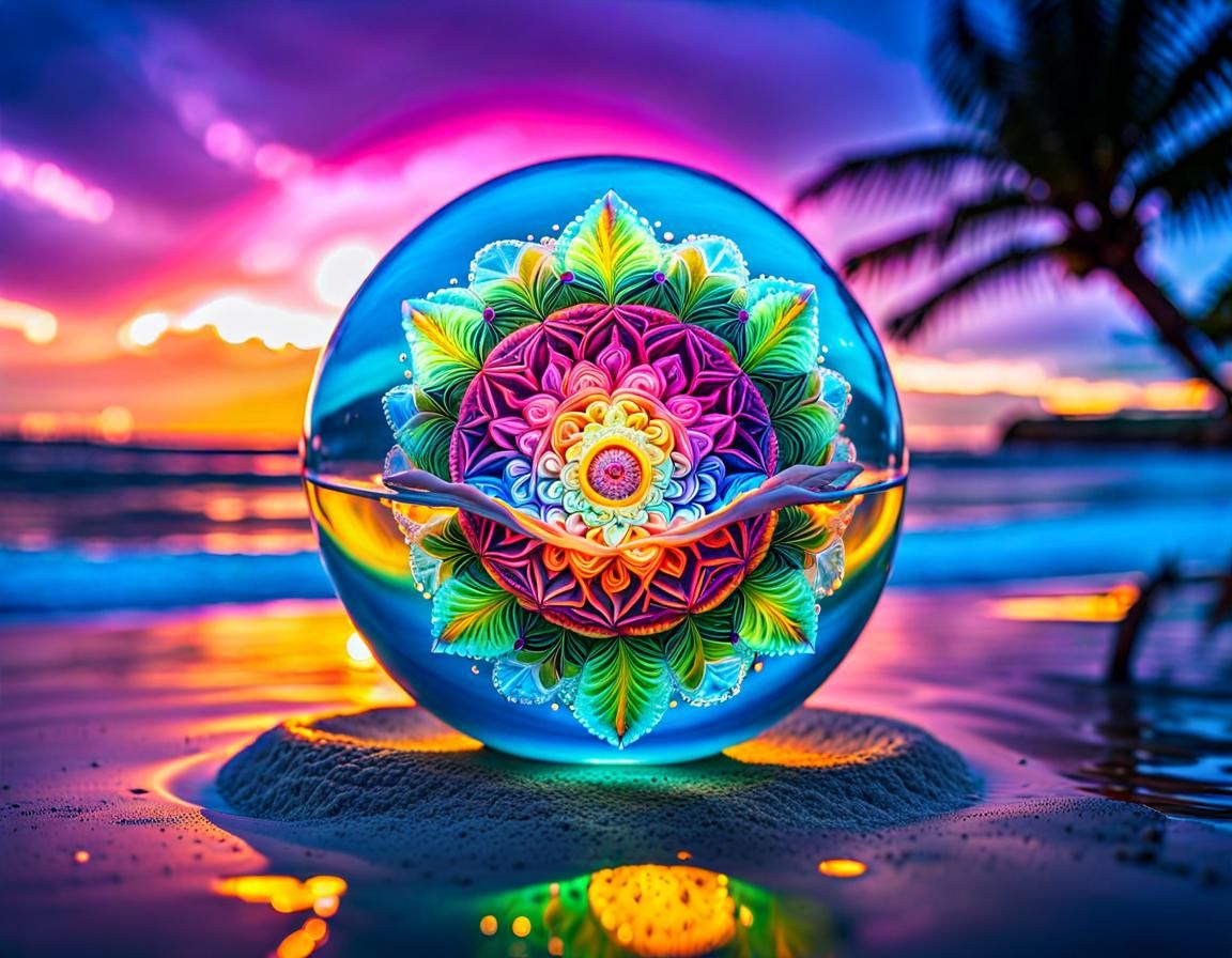 Neon Crystal Mandala on Tropical Beach