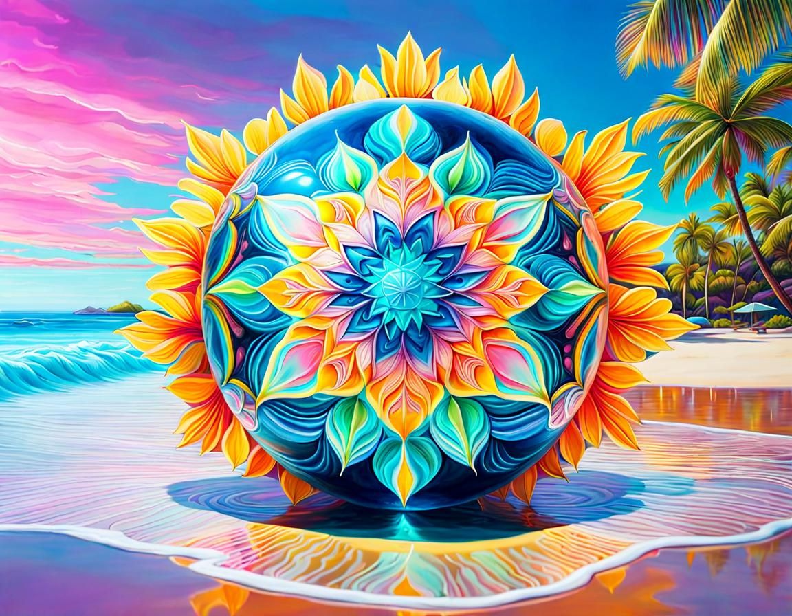 Neon Crystal Mandala on Tropical Beach