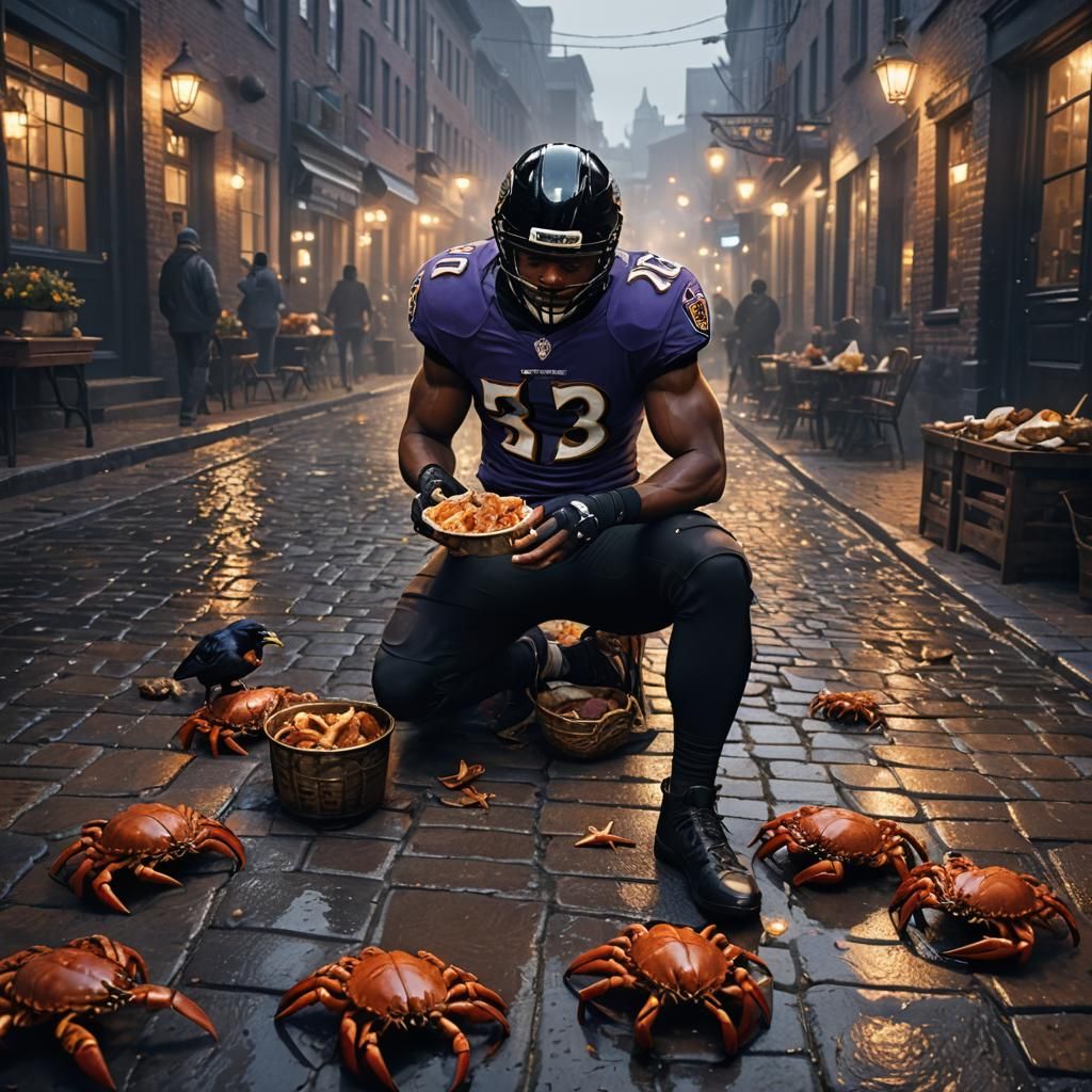 Ravens Player Eating Crabs in Baltimore Streetscape