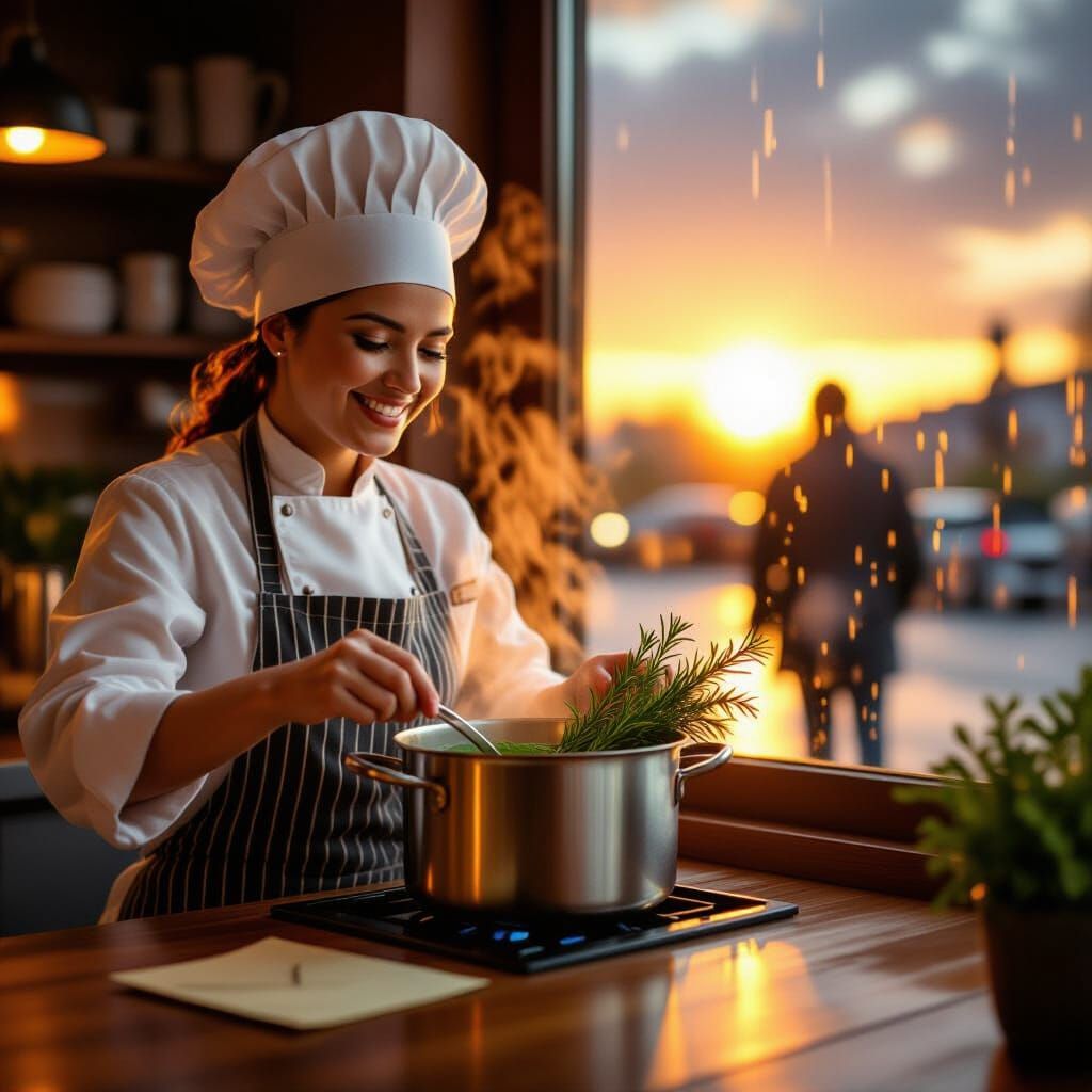 Chef in Golden Light Stirring Pot with Rosemary