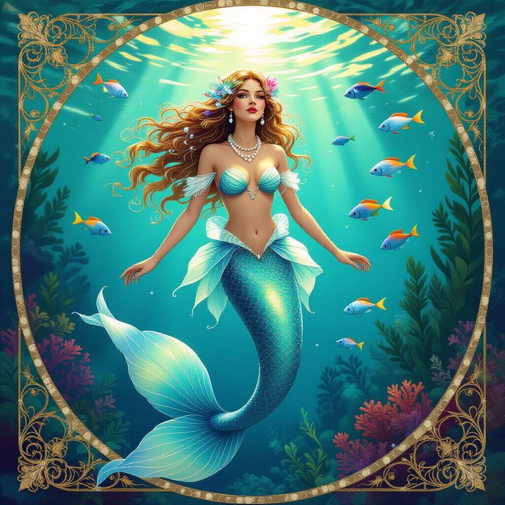 Bioluminescent Mermaid in Art Nouveau Style