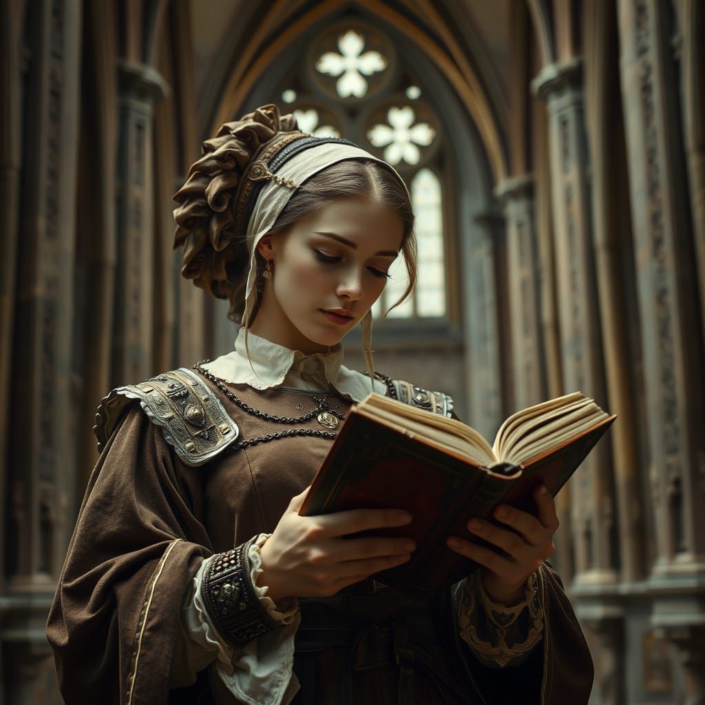 Medieval Woman in Gothic Cathedral, Holding Ancient Leather ...