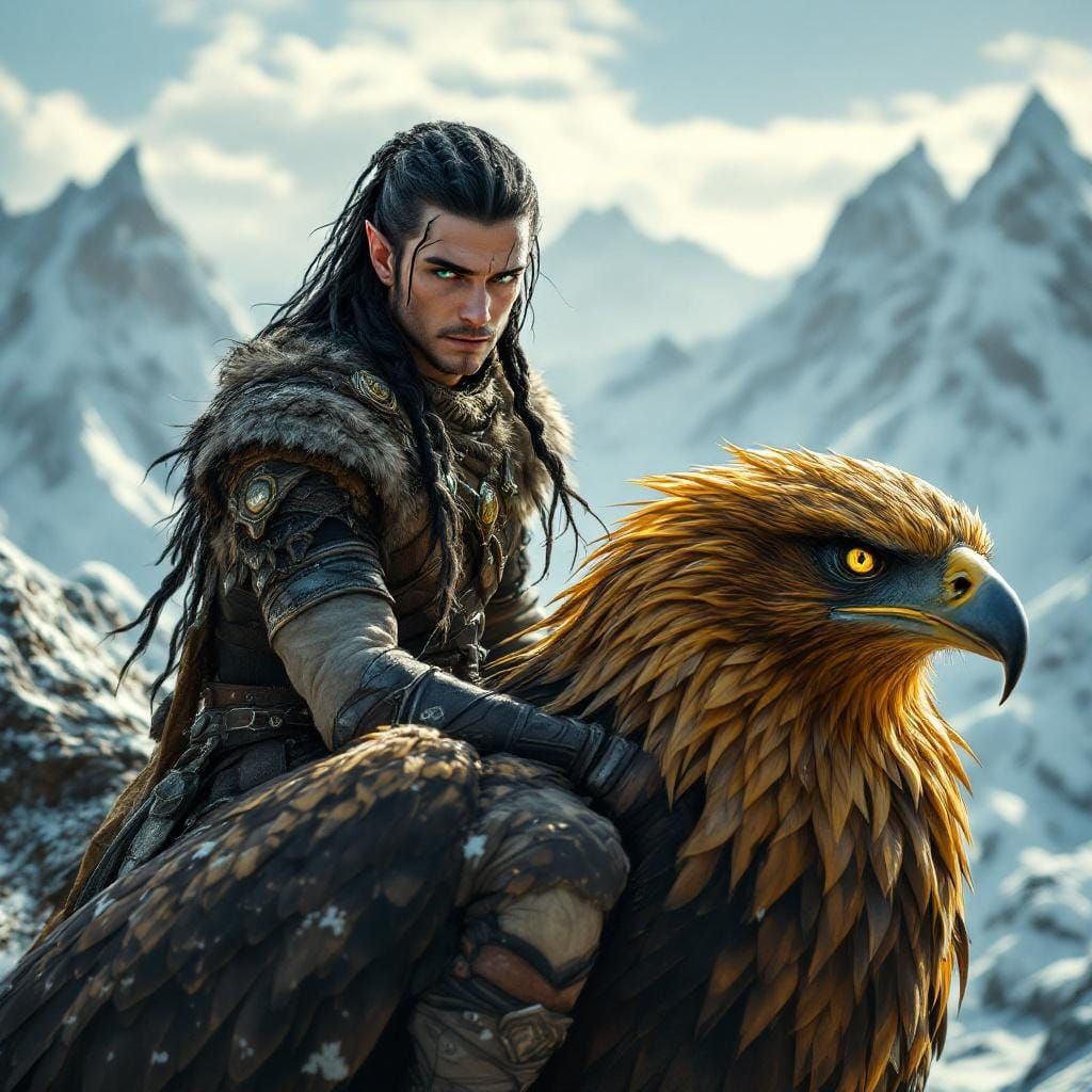 Warrior Elf on Golden Eagle in Icy Mountains