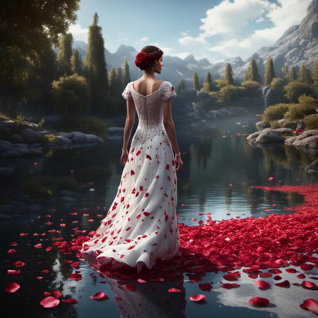 Woman Walking on Rose Petal Lake: Detailed Matte Painting