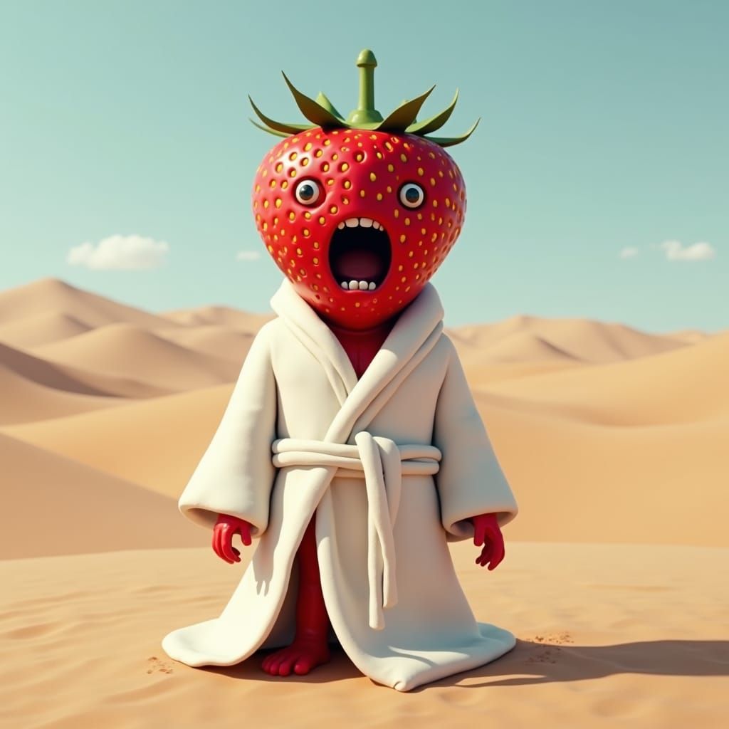 Screaming Strawberry Creature in Desert Landscape