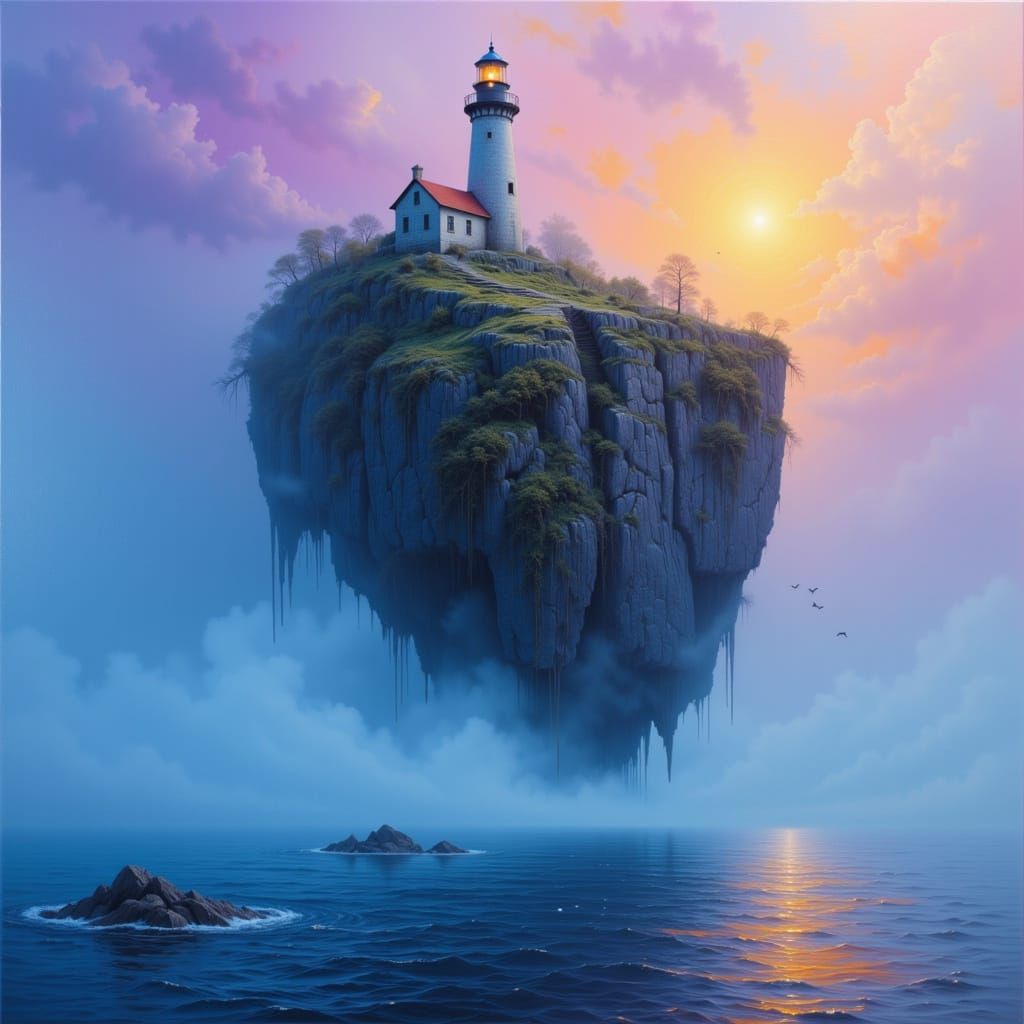 An ancient lighthouse crowns a colossal floating rock