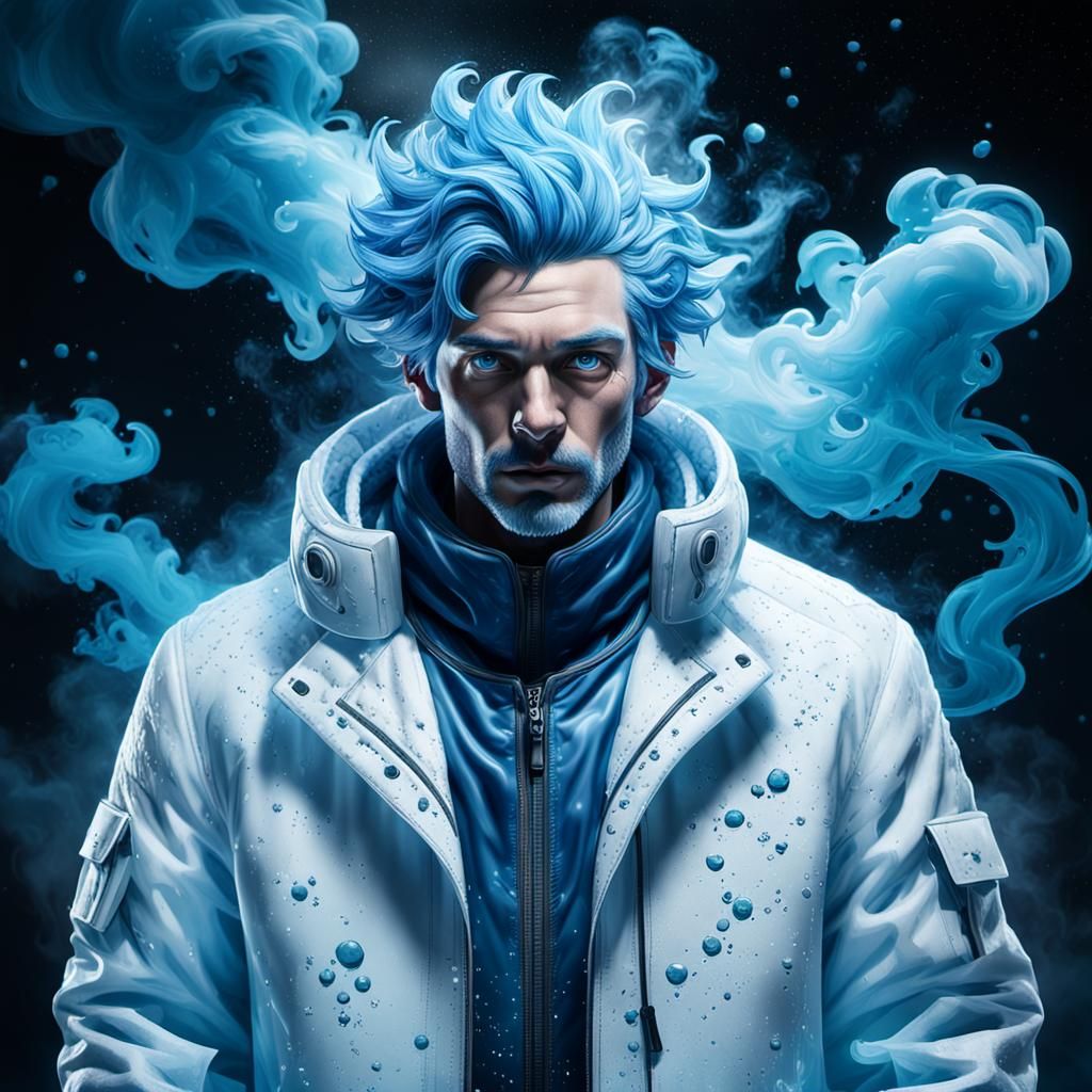 Iced Man in Cold Suit with Nebula Night Sky