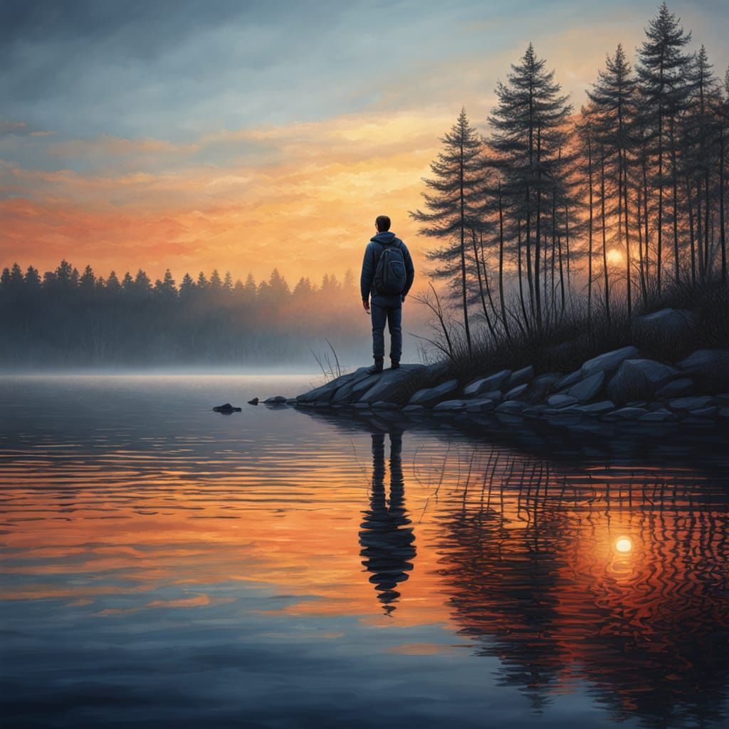 Moody Lakeshore Landscape in Golden Hour Oil Painting Style