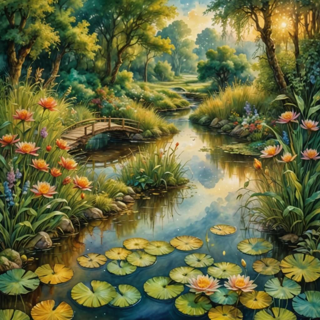 Pond Scene Watercolor Painting with Stone House