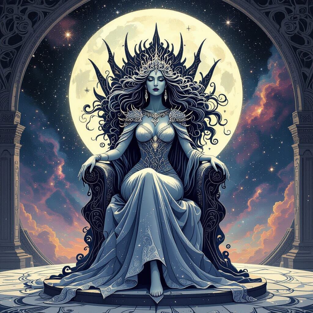 Regal Starlight Woman on Moonlight Throne, Celestial Observa...