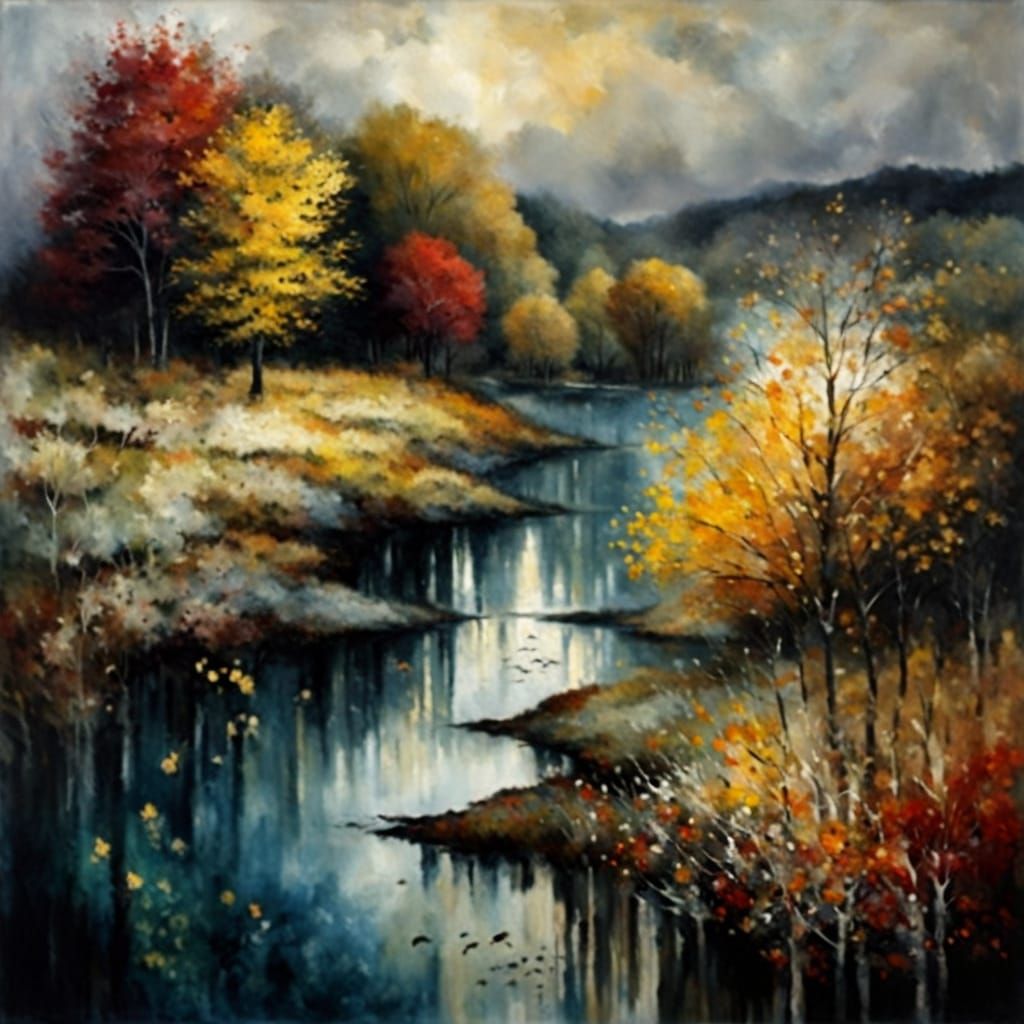 Expressive Autumn Landscape in Impasto Encaustic Style