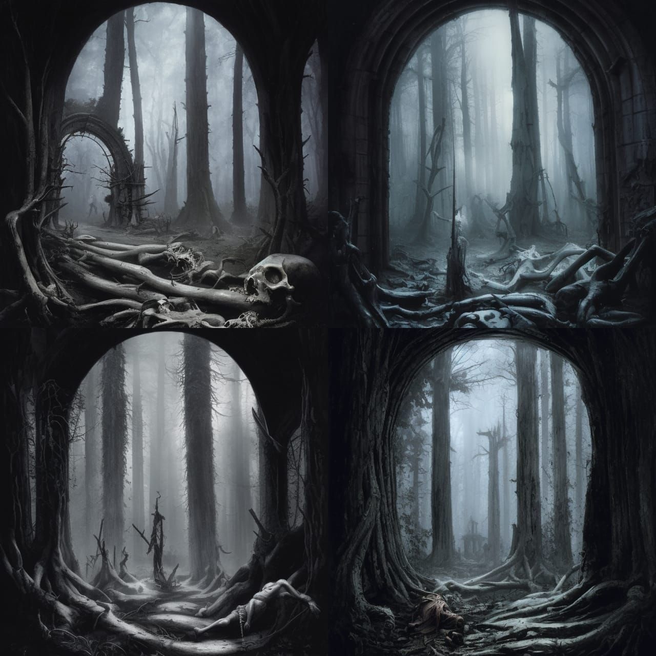 Dark Forest Archway with Skeleton in 17th Century Style