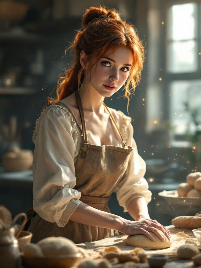 Redhead Baker Kneading Dough in Dreamlike Digital Art Style