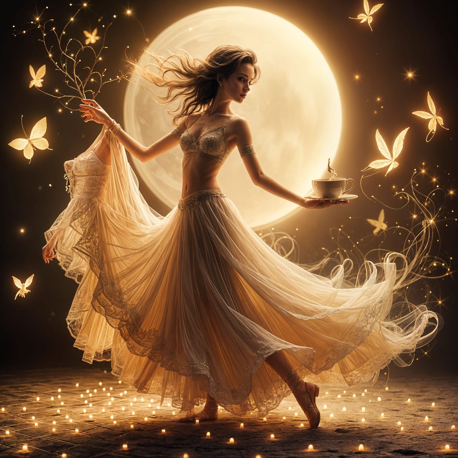 Elegant Dancer with Tea, Art Nouveau Style