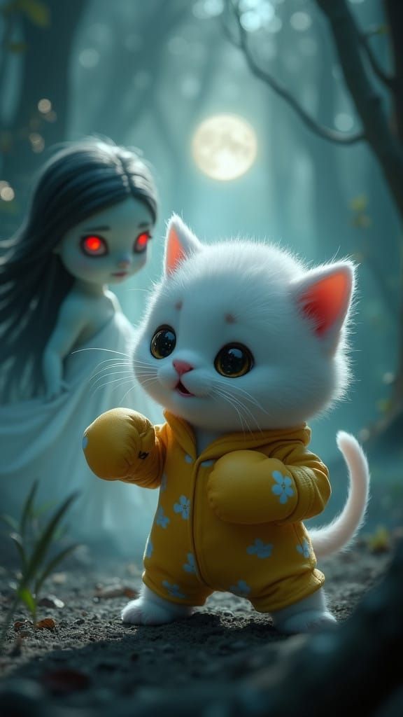 Cute Kitten Confronts Eerie Spirit in Dreamlike 3D Scene